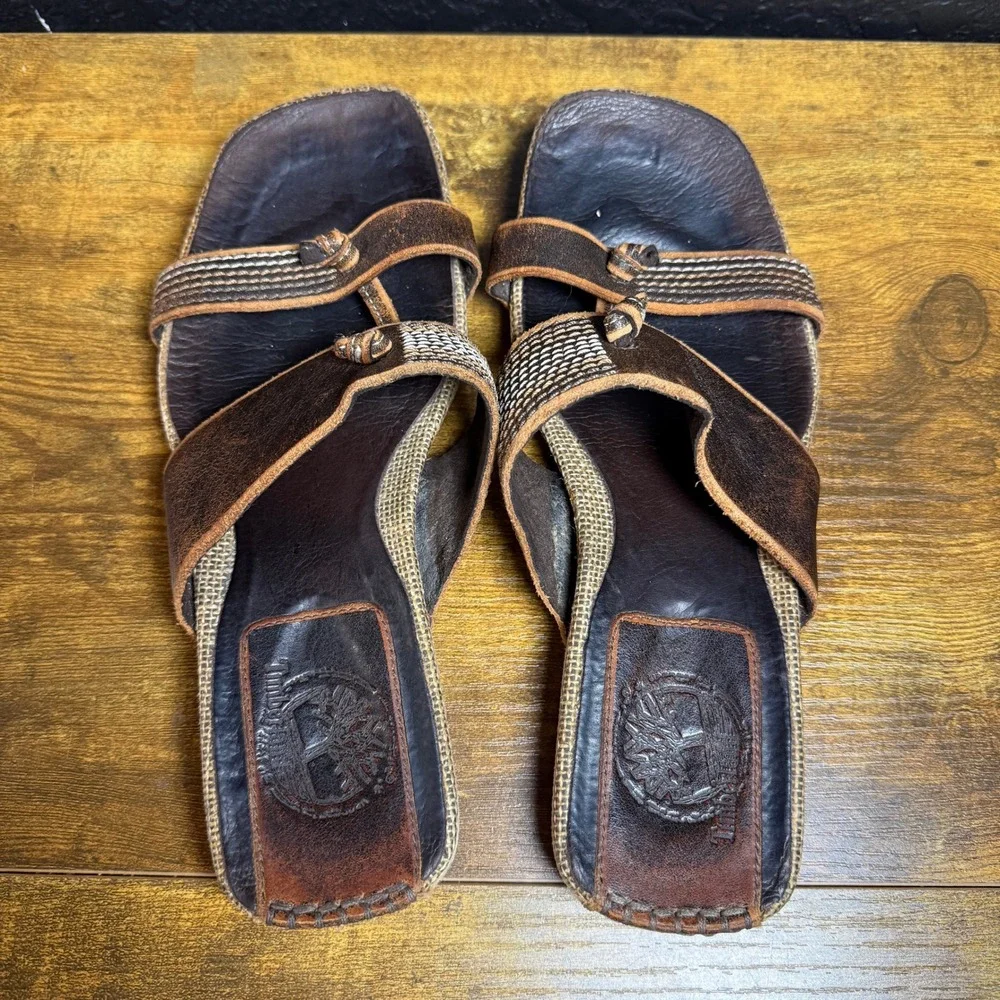 Timberland Leather Jute Wedge Brown Leather Slide Sandals Womens 8.5‎